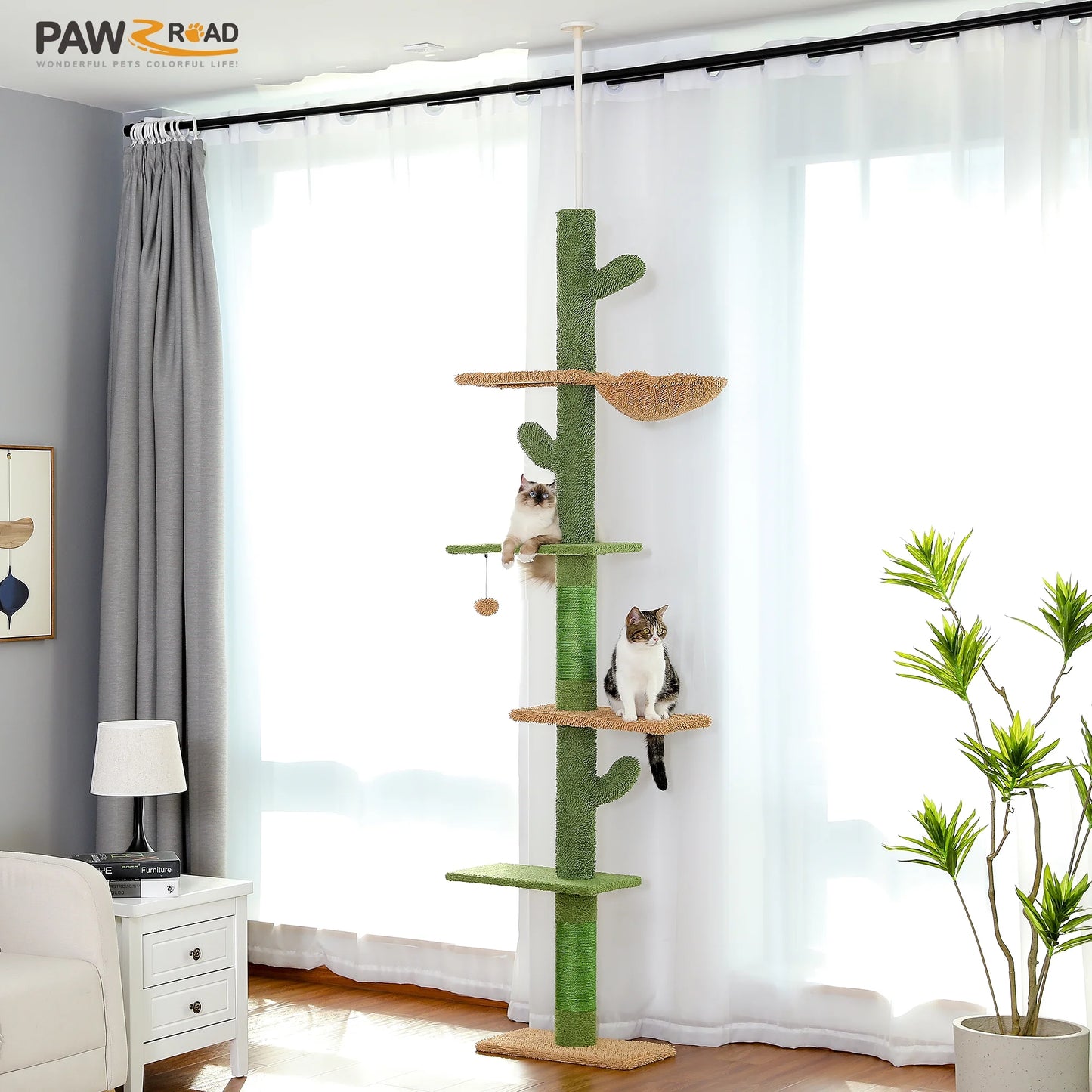 Tall Cat Tree Cactus Floor to Ceiling Cat Tower 95-108" Sisal Scratching Post for Indoor Cats