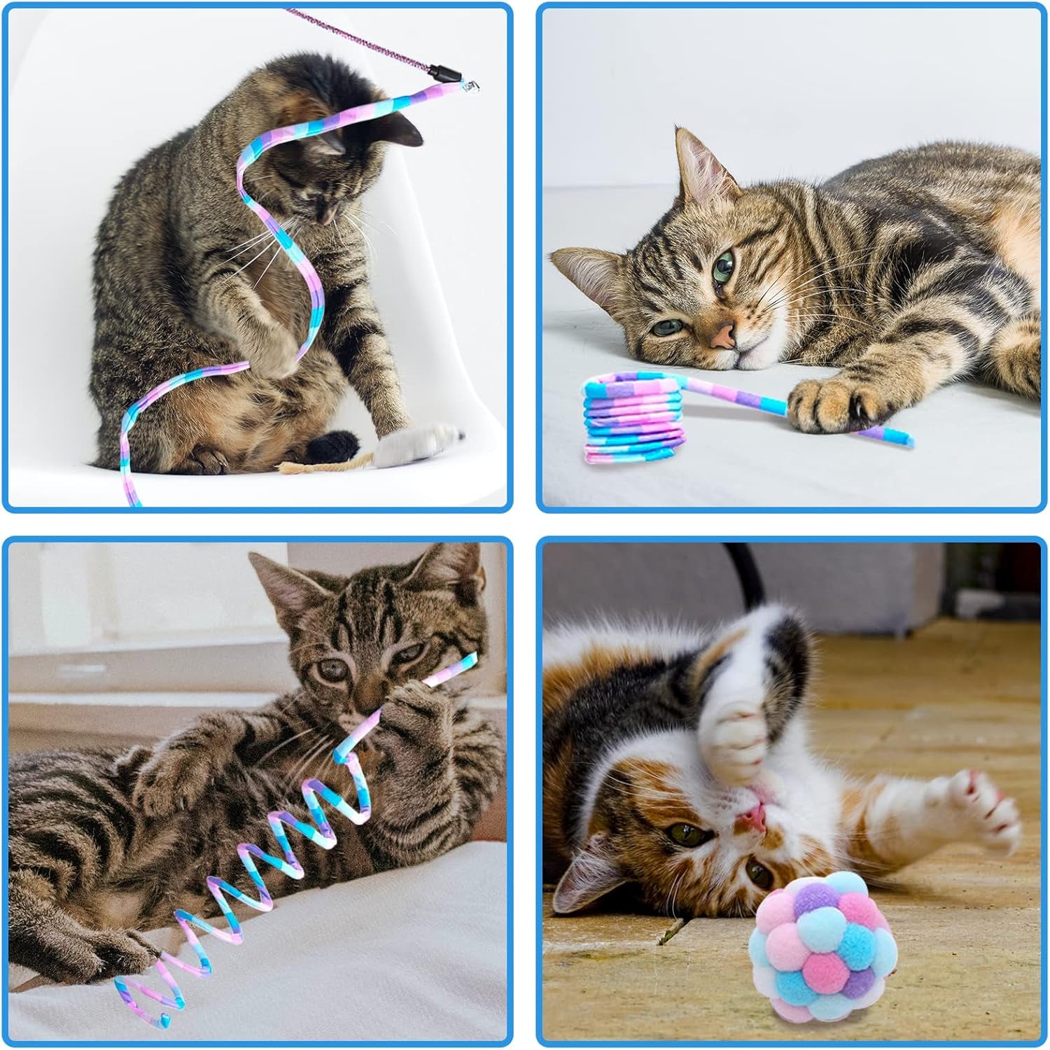 Cat Toys for Indoor Cat,Cat Rainbow Wand Toys Cat Fuzzy Balls with Bell,Interactive Cat Toy Cat Spring for Kitten,Puppy Chase Exercise-3 Pack