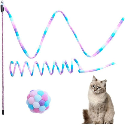 Cat Toys for Indoor Cat,Cat Rainbow Wand Toys Cat Fuzzy Balls with Bell,Interactive Cat Toy Cat Spring for Kitten,Puppy Chase Exercise-3 Pack