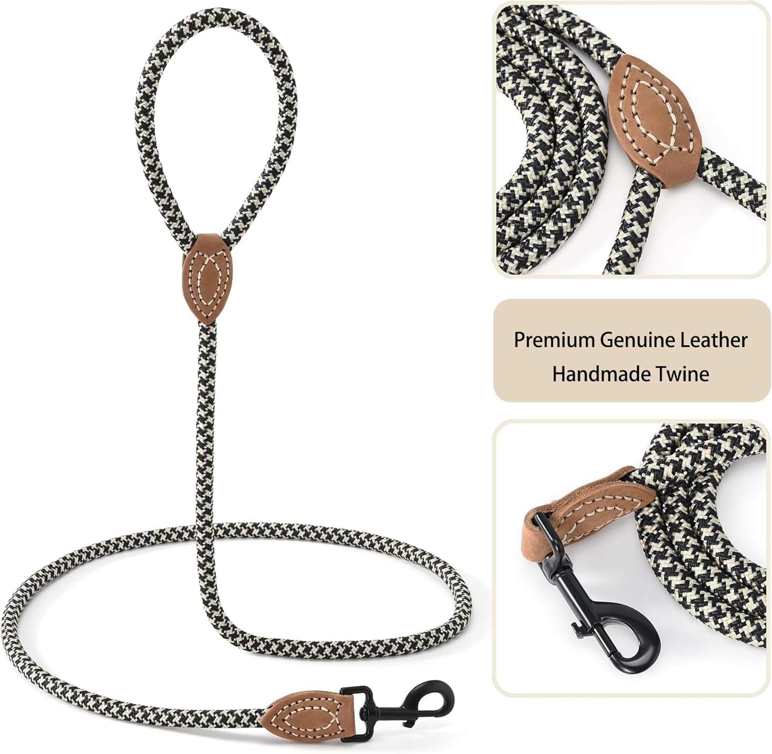 | Mountain Climbing Dog Rope Leash with Heavy Duty Metal Sturdy Clasp | Genuine Leather Tailored Connection with Strong Stitches (Black Khaki, 60 Inch (Pack of 1))