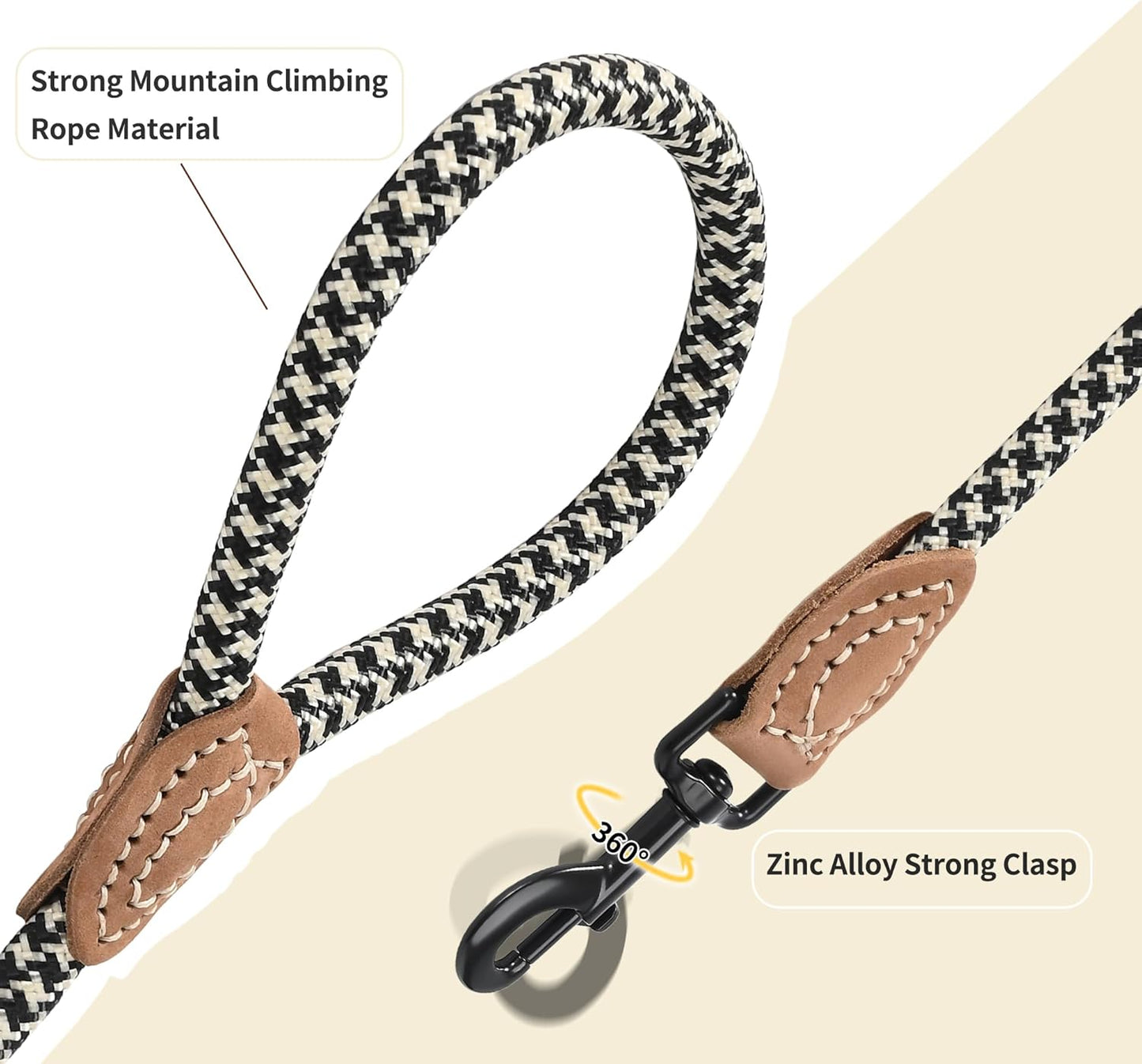 | Mountain Climbing Dog Rope Leash with Heavy Duty Metal Sturdy Clasp | Genuine Leather Tailored Connection with Strong Stitches (Black Khaki, 60 Inch (Pack of 1))