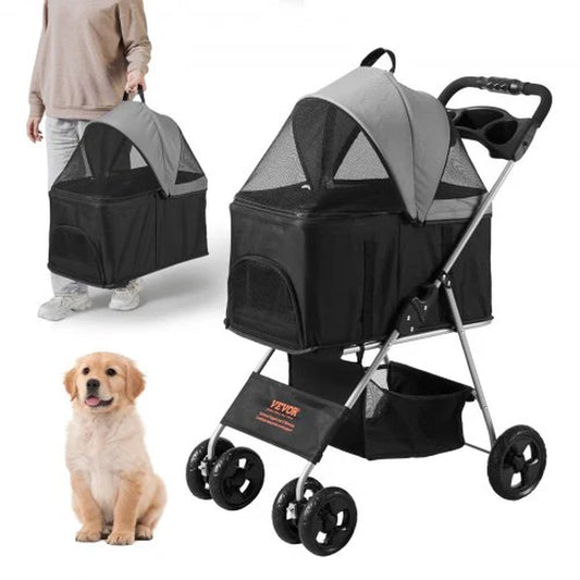 VEVOR Pet Stroller, 4 Wheels Dog Stroller Rotate with Brakes, 35Lbs Weight Capacity, Puppy Stroller with Detachable Carrier, Storage Basket and Cup Holder, for Dogs and Cats Travel, Black+Dark Grey